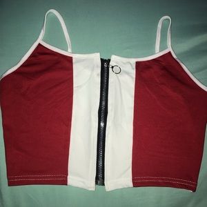 Red and White Zipper Crop Top